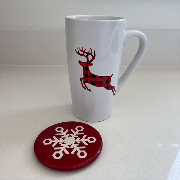 HOLIDAY TIME Buffalo Plaid Reindeer 18 oz Mug with Snowflake Coaster - Picture 1 of 7